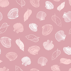 Vector coral pink repeat pattern with variety of seashells. Perfect for greetings, invitations, wrapping paper, textile, wedding and web design.
