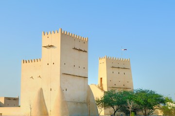 View of Barzan Towers(Umm Salal Mohammed Towers) were constructed in late 19th century and rebuilt in 1910 by Sheikh Mohammed bin Jassim Al Thani in Doha, Qatar 