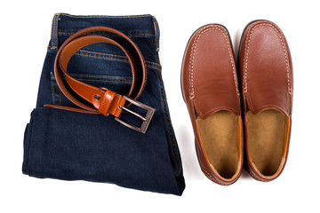 Pair Of Leather Shoe, Leather Belt And Blue Denim Isolated On White Background