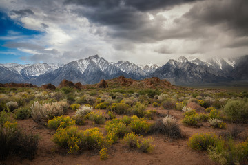 Dramatic rain clouds over Sierra Mountain Range from Alabama Hills 