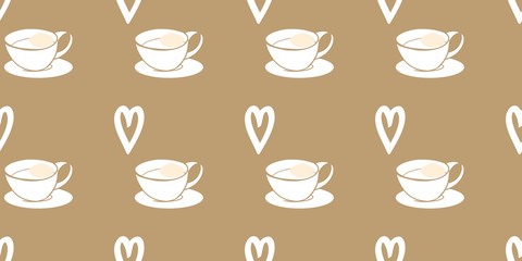 Morning aromatic coffee and decorative hearts, seamless pattern, vector illustration