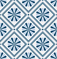 Crédence de cuisine en verre imprimé Bleu blanc motif de carreaux de fleurs