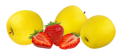 Fresh yellow apples with strawberries isolated on white background with clipping path