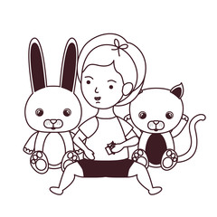 silhouette of little kid playing with cat and bunny