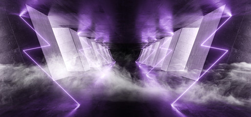 Smoke Futuristic Neon Lights Glowing Sci Fi Retro Abstract Shaped Lasers Violet Purple Vibrant Column Concrete Grunge Reflective Tunnel Alien Ship Star Gate Club Night Dark 3D Rendering