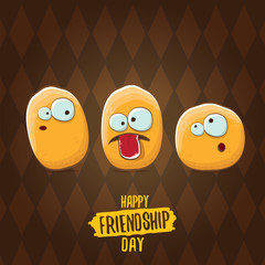 Happy Friendship day vector illustration. funky kids potato with friends.vector friends tiny kids potato characters having fun isolated on brown background.