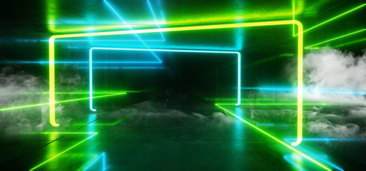 Smoke Neon Futuristic Lights Glowing Triangle Sci Fi Retro Abstract Shaped Lasers Green Blue Vibrant Column Concrete Grunge Reflective Tunnel Alien Ship Star Gate Club Night Dark 3D Rendering