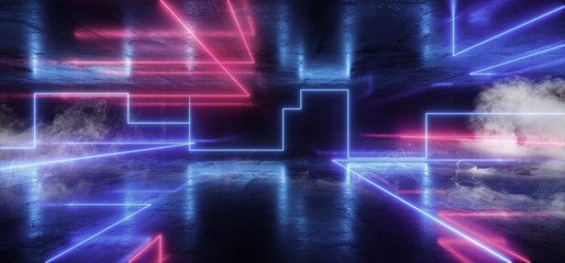 Smoke Neon Futuristic Lights Glowing Triangle Sci Fi Retro Abstract Shaped Lasers Purple Blue Vibrant Column Concrete Grunge Reflective Tunnel Alien Ship Star Gate Club Night Dark 3D Rendering