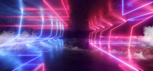 Smoke Neon Futuristic Lights Glowing Triangle Sci Fi Retro Abstract Shaped Lasers Purple Blue Vibrant Column Concrete Grunge Reflective Tunnel Alien Ship Star Gate Club Night Dark 3D Rendering