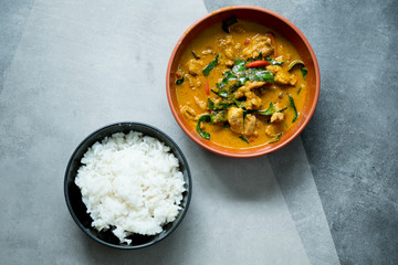 Chicken panang curry serve with steamed rice