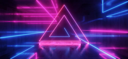 Spaceship Neon Glowing Lights Laser Shapes Beam Purple Blue Vibrant Retro Modern Futuristic Sci Fi Night Club Scene Tunnel Corridor Hall Garage Grunge Concrete Reflective Background 3D Rendering