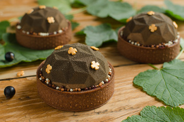 Set of contemporary chocolate and black currant mini mousse tarts covered with brown velvet spray decorated with chocolate crispy balls on dark wooden background