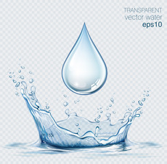 Transparent vector water splash and water drop on light background - obrazy, fototapety, plakaty