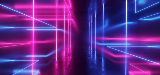 Spaceship Neon Glowing Lights Laser Shapes Beam Purple Blue Vibrant Retro Modern Futuristic Sci Fi Night Club Scene Tunnel Corridor Hall Garage Grunge Concrete Reflective Background 3D Rendering