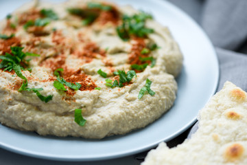 Eggplant dip baba ganoush (mutabbal) with herbs and paprika on gray wooden background. Selective focus. Traditional arabian food