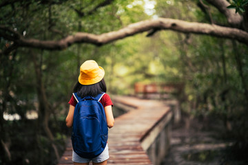 The tourist girl  walking  on wooden bridge in the forest.