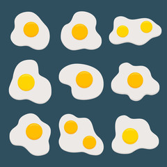 Set of different fried eggs icons. Isolated on dark blue background. Vector illustration. Flat design.