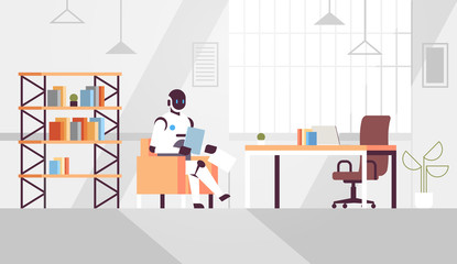 business robot sitting at workplace desk robotic businessperson holding paper documents preparing report artificial intelligence technology concept modern office interior flat horizontal