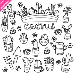 Cactus plants related objects and elements collection. Hand drawn doodle illustration isolated on white background. Vector doodle illustration with editable stroke/outline.