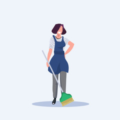 female housewife holding broom woman cleaner sweeping floor cleaning service housekeeping concept full length flat white background