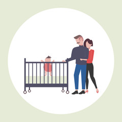 parents and their newborn baby in crib having fun together happy family parenthood concept father mother playing with newborn child flat full length
