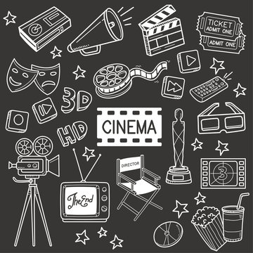 Cinema Chalkboard Doodle Vector Illustration.