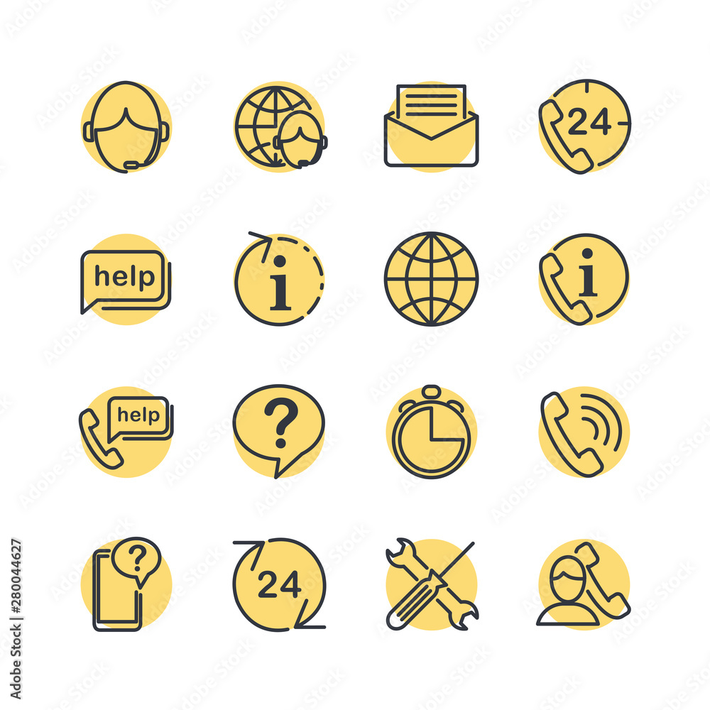 Poster Technical support line icons set. Help, Support and Contact Vector Flat Line Icons Set. Phone Assistant, Online Help, Video Chat. Editable Stroke. Modern outline elements, graphic design concepts