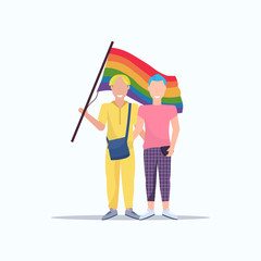 couple gays holding lgbt rainbow flag love parade pride festival concept two smiling same sex guys male cartoon characters full length flat