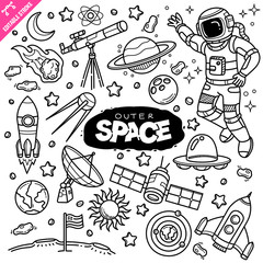 Outer space related objects and elements collection. Hand drawn doodle illustration isolated on white background. Vector doodle illustration with editable stroke/outline.