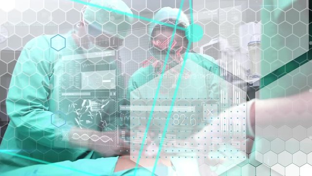 Doctor with nurse, futuristic interface, and hexagon patterns