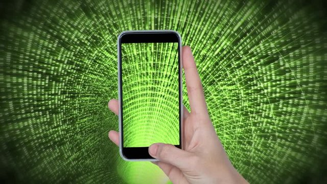 Hand holding a mobile phone and binary codes