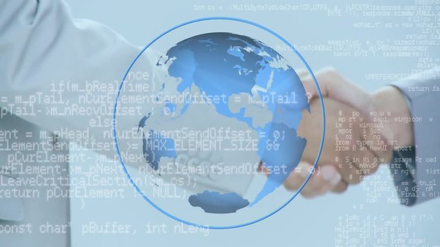 Businessmen and a globe with program codes