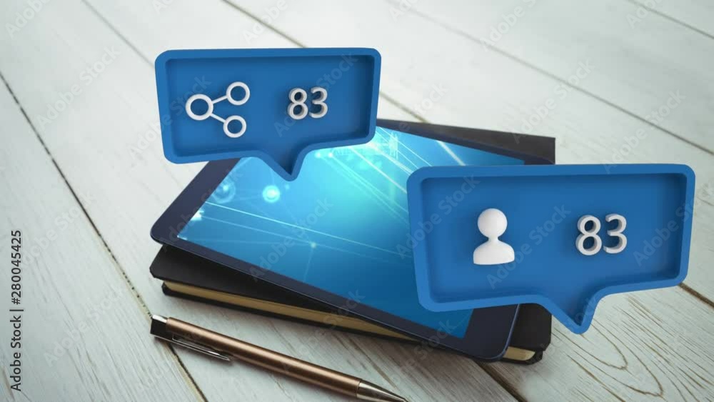 Aufkleber a tablet over a notebook and message bubble with icons for social media