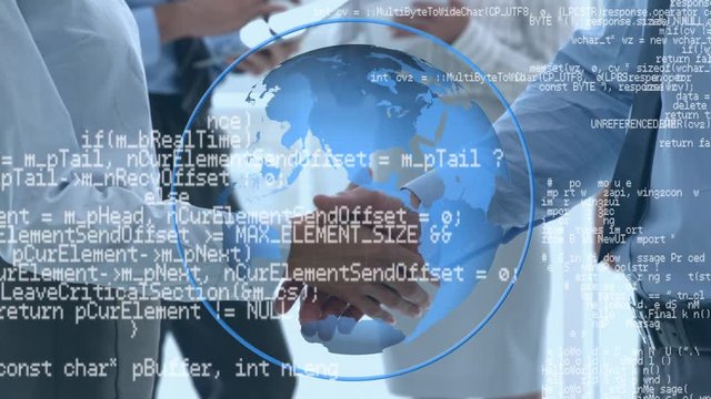 Businessmen and a globe with program codes