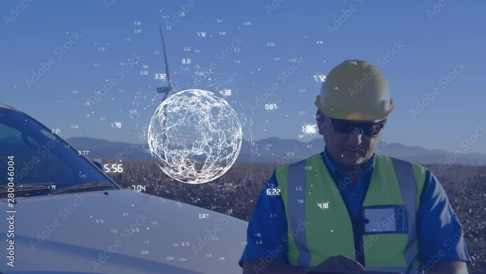 Poster Engineer using a tablet with a wind turbine and a digital globe