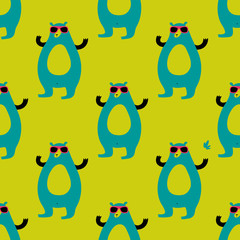 Cute cartoon hipster bear pattern with bear in sunglasses. Funny vector colorful hipster bear pattern. Seamless cheerful hipster bear pattern for textile, wallpapers, wrapping paper, cards and web.