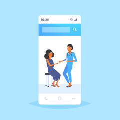 female doctor giving pill and glass of water to woman patient pharmacist offering pills medication healthcare concept smartphone screen mobile application full length flat