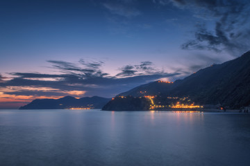 Nature sea landscape at Cinque Terre, Liguria seascape, Italy in the dusk
