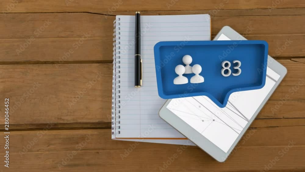 Poster a tablet and a notebook on a desk with a profile icon for social media