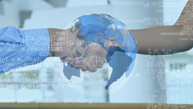 Two person shaking hands and a globe with program codes