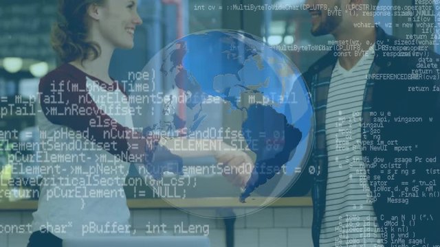 Man and a woman and a globe with program codes