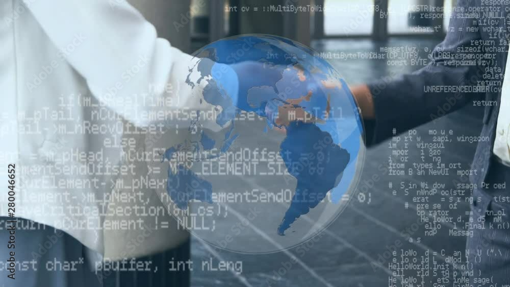Poster businessmen shaking hands and a globe with program codes