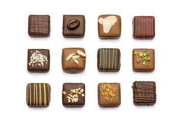 assorted chocolates confectionery on white background