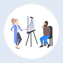 female ophthalmologist checking eye vision of african american man patient eyesight doctor in uniform pointing letters at chart medicine healthcare concept flat full length