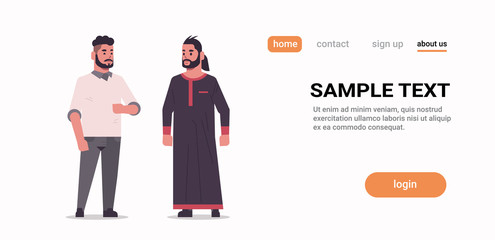 arabic men discussing arab couple wearing traditional clothes standing together arabian male cartoon characters full length flat white background copy space horizontal