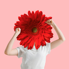 Female body in white shirt headed by bright red flower on coral background. Negative space to insert your text. Modern design. Contemporary art collage. Concept of human emotions and feelings.