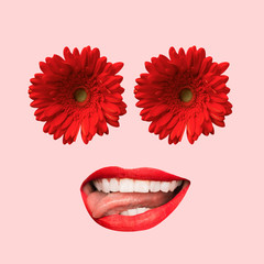 Female face with big red mouth and eyes as a flowers on coral background. Negative space to insert your text. Modern design. Contemporary art collage. Concept of human emotions and feelings.