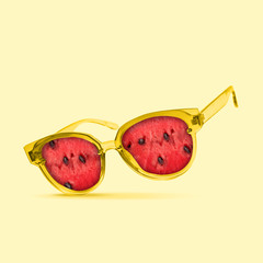 View of fresh. An alternative watermelon as a sunglasses on yellow background. New look of fruits and usual things. Negative space to insert your text. Modern design. Contemporary colorful art collage