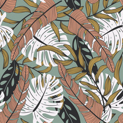 Abstract seamless pattern with colorful tropical leaves and plants on grey background. Vector design. Jungle print. Flowers background. Printing and textiles. Exotic tropics. Fresh design.
