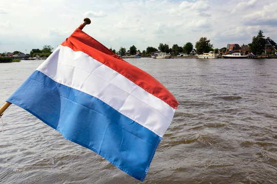 View on the Dutch flag, a triband flag with the colors red white and blue